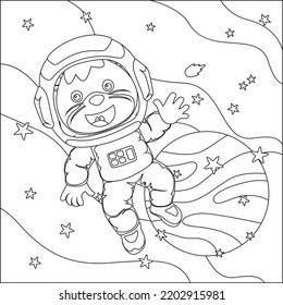 Vector children's coloring book. Cute lion astronaut flies in space. Around the star and planet. Children's coloring book
