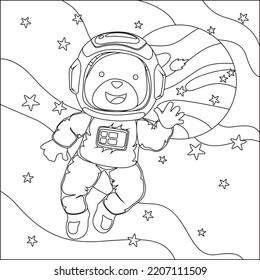 Vector children's coloring book. Cute bear astronaut flies in space. Around the star and planet. Children's coloring book