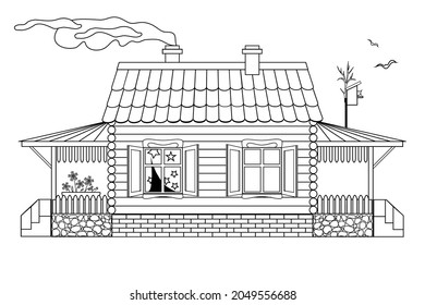 Vector childrens coloring book a wooden house 2 window, porch tiled roof, flowers on terrace, birdhouse on the roof of the house, foundation of brick and natural stone. Transparent background
