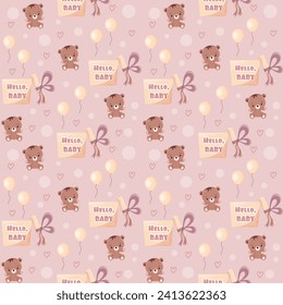 Vector children's delicate seamless pattern with bears, balloons, gift boxes on a purple background with hearts. Ideal for baby prints, textiles, nursery design, wrapping paper, scrapbooking