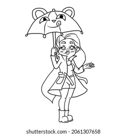 Vector children's design of a girl with an umbrella. For postcard banners, hand-drawn.