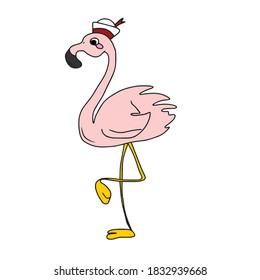 Diseño infantil vectorial para tarjetas de felicitación, banners.Pegatinas.Flamingo rosa en un sombrero