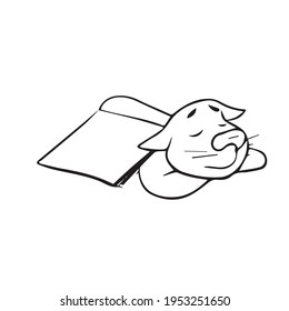 Vector children's design on a white isolated background for banners, postcards. Funny cat sleeps by the book.
