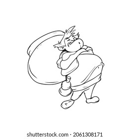 Vector children's design simple lines of a pot-bellied man with a vat behind his back. For postcard banners , hand-drawn