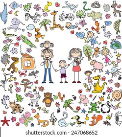 Vector children's doodle of happy family