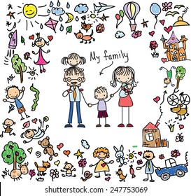 Vector children's doodle of happy family