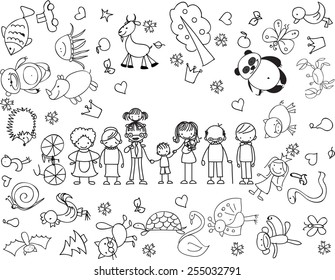 Vector children's doodle of happy family