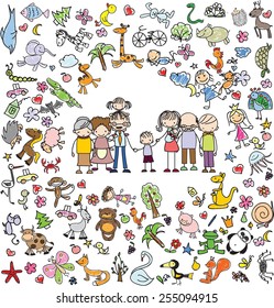 Vector children's doodle of happy family