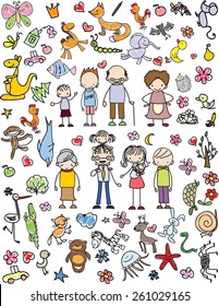 Vector children's doodle of happy family