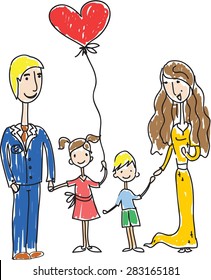 Vector children's doodle of happy family