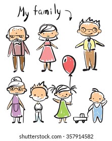 Vector children's doodle of happy family.