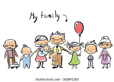 Vector children's doodle of happy family.