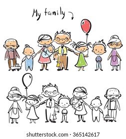 Vector children's doodle of happy family. 