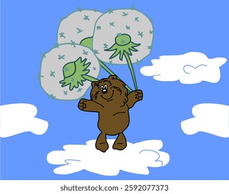 Vector children's drawing. Bear cub is flying in clouds
on dandelions. Hand drawn seamless t-shirt design.
Fashionable print for fabric, paper, clothing,
notebook, card mockup, child book. Scribbles.
