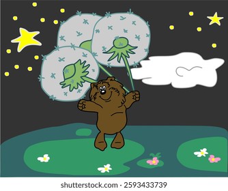 Vector children's drawing. Bear cub is flying in clouds on dandelions at night with stars. Hand drawn t-shirt design. Fashionable print for fabric, paper, clothing, notebook, card mockup, child book.