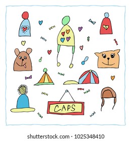 Vector childrens drawing caps. Doodle baby color handmade illustration.