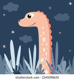 Vector children's drawing with a dinosaur, grass, clouds and stars on a blue background. Cute baby illustration perfect for baby clothes, textiles, wallpapers, nursery.