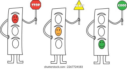 Vector of a children's drawing, excellent for school cards, which represents the traffic light in its three colors, red, yellow and green