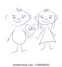 Vector children's drawing for father's day. Girl and boy with a heart and the inscription: dad