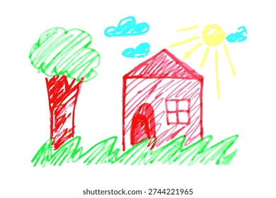 Vector children's drawing house and tree