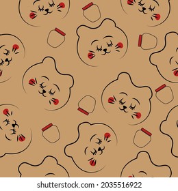 Vector. Children's drawing is linear. Seamless hand-drawn muzzle of a bear and a barrel of honey. Drawing of animals in the style of doodle. Contour image of a wild animal. Sleeping smiling bear.