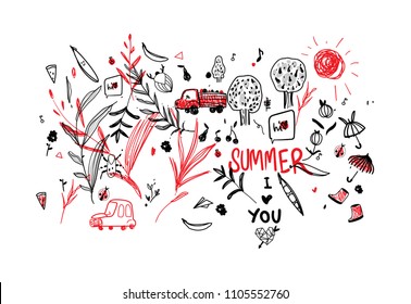 vector children's drawing I love summer with beetles, berries, a truck, a cloud, a beetle, a car. Funny children's style. Uneven lines. cute little peas with eyes, umbrellas and galoshes, berries 