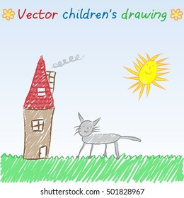 Vector children's drawing of sunny day house and cat.