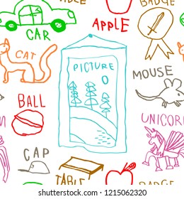 Vector childrens drawings sketch white seamless background with color doodles kid's hand drawn painting art cartoon elements: picture, ball, cat, car, mouse, table, cap, unicorn, apple and badge.