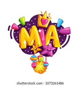 Vector children's emblem of Mia. Girl name illustration. Color print