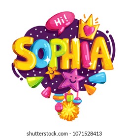 Vector children's emblem of Sophia. Name illustration for the girl. Color print