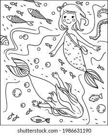 vector children's girly cartoon outline image coloring book with cute mermaids fish and underwater world
