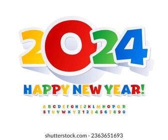 Vector children's Greeting Card Happy New Year 2024! Bright sticker Font. Colorful Alphabet Letters and Numbers set