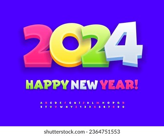 Vector children's Greeting Card Happy New Year 2024! Funny Bright Font. Colorful 3D Alphabet Letters and Numbers set