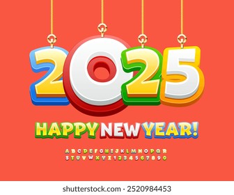 Vector children's  Greeting Card Happy New Year 2025! Colorful Kids Font. Bright Creative Alphabet Letters and Numbers set.