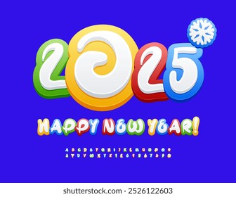 Vector children's Greeting Card Happy New Year 2025! Funny handwritten Font. Creative Colorful Alphabet Letters and Numbers set.