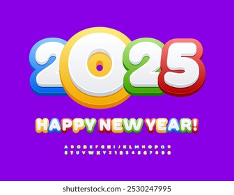Vector children's Greeting Card Happy New Year 2025! Bright Creative Font. Colorful Alphabet Letters and Numbers set.