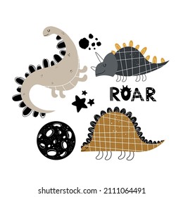 Vector children's hand drawn illustration set with dinosaurs, planet, stars, roar lettering. Set with dinosaurs for children. Illustrations with cute animals.