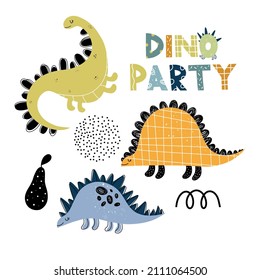 Vector children's hand drawn illustration set with dinosaurs, pear, scribble, circle of dots, dino party lettering. Set with dinosaurs for children. Illustrations with cute animals.
