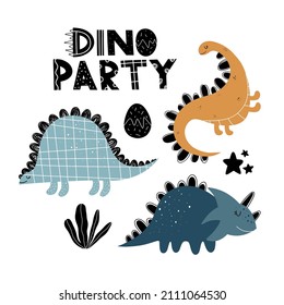Vector children's hand drawn illustration set with dinosaurs, egg, plant, stars, dino party lettering. Set with dinosaurs for children. Illustrations with cute animals.
