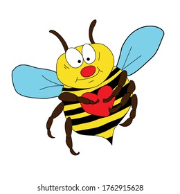 Ilustración hecha a mano por niños vectores de una linda abeja de dibujos animados con corazón. Insulto aislado sobre un fondo blanco.