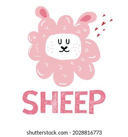 Vector children's hand-drawn illustration of a cute lamb. Pink sheep with hearts. Lettering. Illustration for posters. postcards. fabrics. prints.