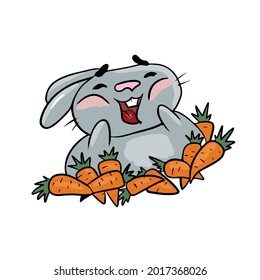 Vector children's holiday design on a white isolated background for postcards banners.A funny and cute bunny is joyful and there are a lot of carrots, stickers.