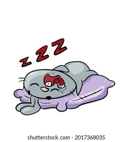 Vector children's holiday design on a white isolated background for postcards banners.Funny and cute bunny is sleeping sweetly on a pillow with his belly up, stickers.
