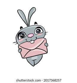 Vector children's holiday design on a white isolated background for postcards banners.Funny and cute bunny holds an envelope in his mouth, stickers.