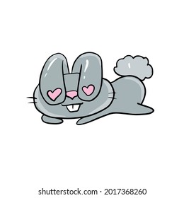 Vector children's holiday design on a white isolated background for postcards banners.Funny and cute bunny hid his eyes with ears, stickers.