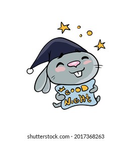 Vektorkinderurlaub-Design auf weißem, isoliertem Hintergrund für Postkartenbanner.Funny und süßes Hasen mit Kissen und Nachtkissen, gute Nacht, Aufkleber.