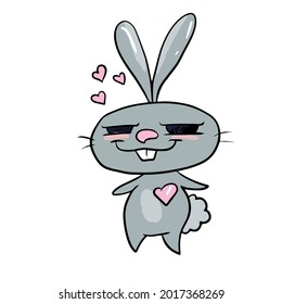 Vector children's holiday design on a white isolated background for postcards banners.Funny and cute bunny with a suspicious look, stickers.