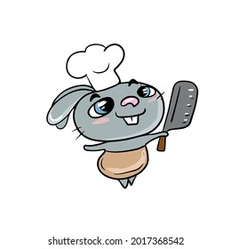 Vector children's holiday design on a white isolated background for postcards banners.Funny and cute bunny cook with a knife, stickers.