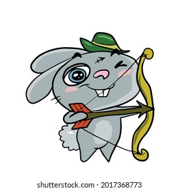 Vector children's holiday design on a white isolated background for postcards banners, sticker.Funny and cute bunny sagittarius