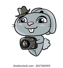 Vector children's holiday design on a white isolated background for postcards banners.Funny and cute bunny with a camera, stickers.
